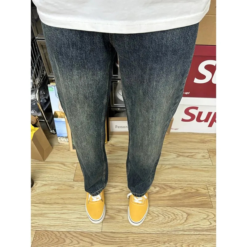 

Deep Blue Straight Leg Fce Lined Thiened Jeans Loose Wide Leg Long Trousers for Men Autumn Winter American Vibe Jeans