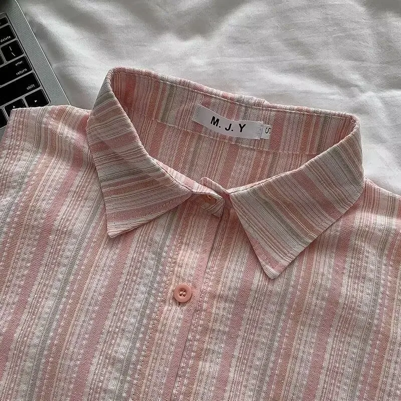 

Loose Striped Pink Cotton Linen Long Sve Women's irt Casual Sle Design Sensation Small ence Sunscreen irt