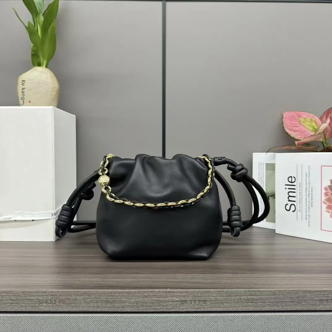 Street Style Leather Flamenco Purse Crossbody Bucket Cloud Bag Drawstring Chain Lucky Bag Soft Foldable Synthetic Interior