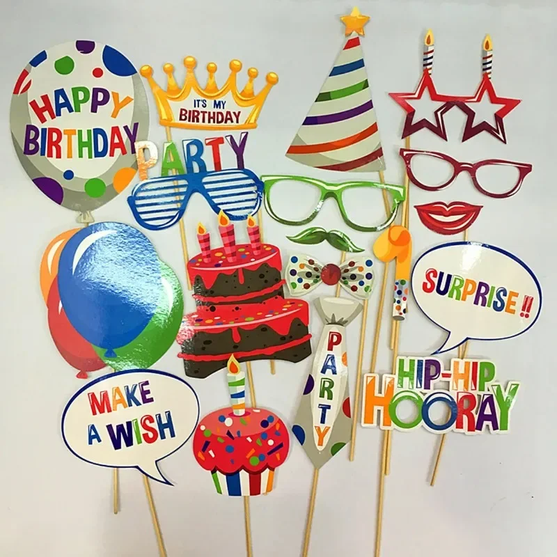 Birthday Cake 18Pcs/set Photo Booth Props Birthday Crown Glasses Happy Children's Birthday Balloon Cake Photograph Props