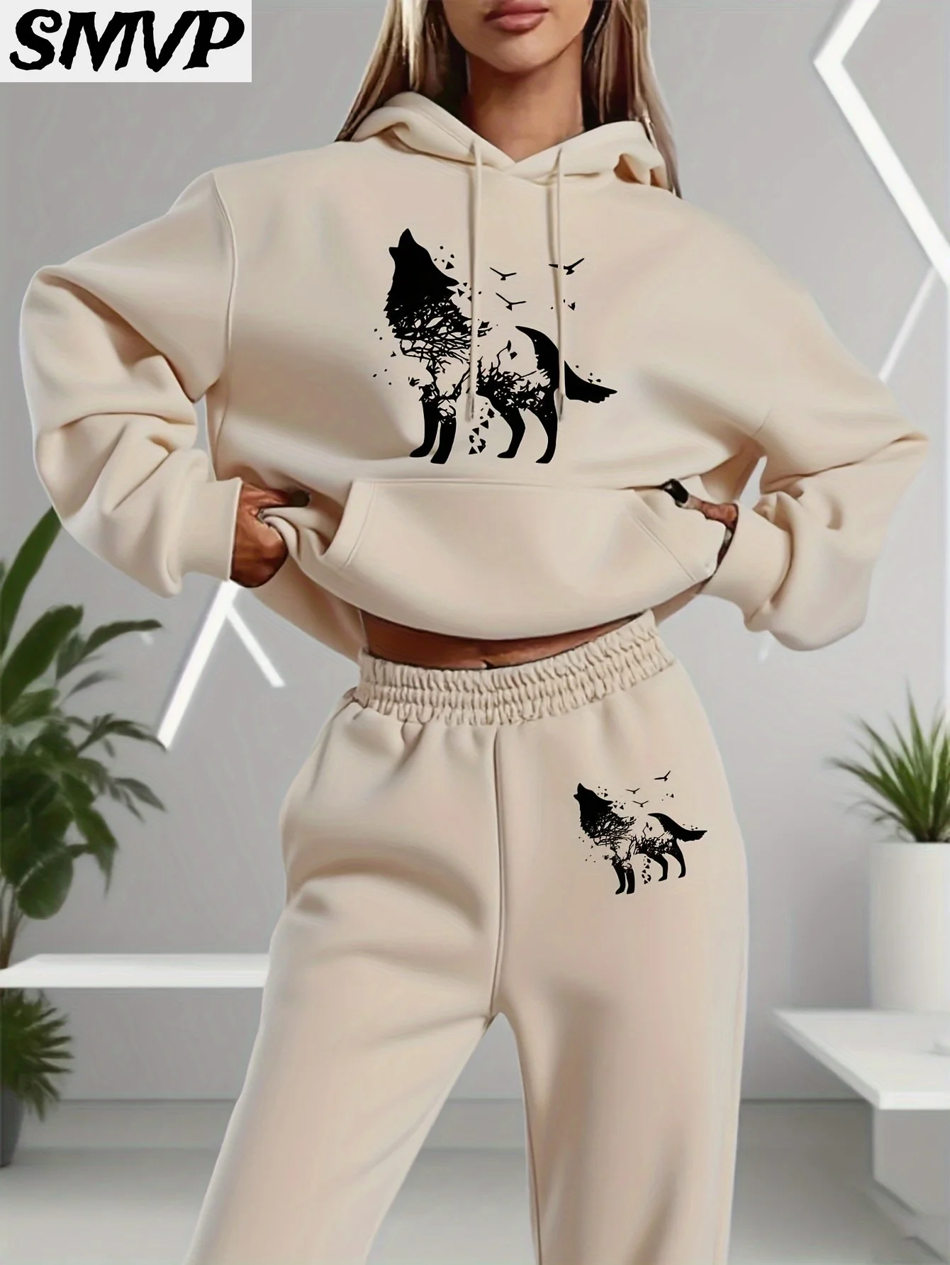 SMVP النساء الفتيات القطن هوديي مجموعة أبيض أسود الذئب والطيور طباعة قطعتين الزي عارضة المتسكعون الأم ابنة