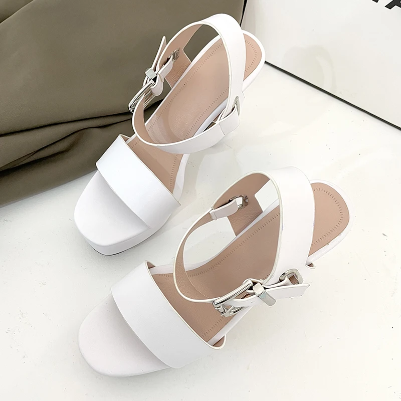 Arden Furtado Summer White Banquet Shoes Round Toe Chunky Heels One Word Buckle Sandals Large Size product photo