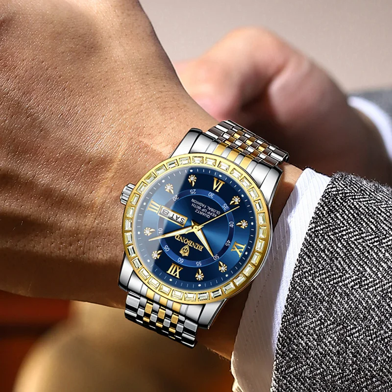 BINBOND Sports Watches Men Waterproof Luminous Week Calendar Watch Man Quartz Movement Stainless Steel Fashion Men Watch