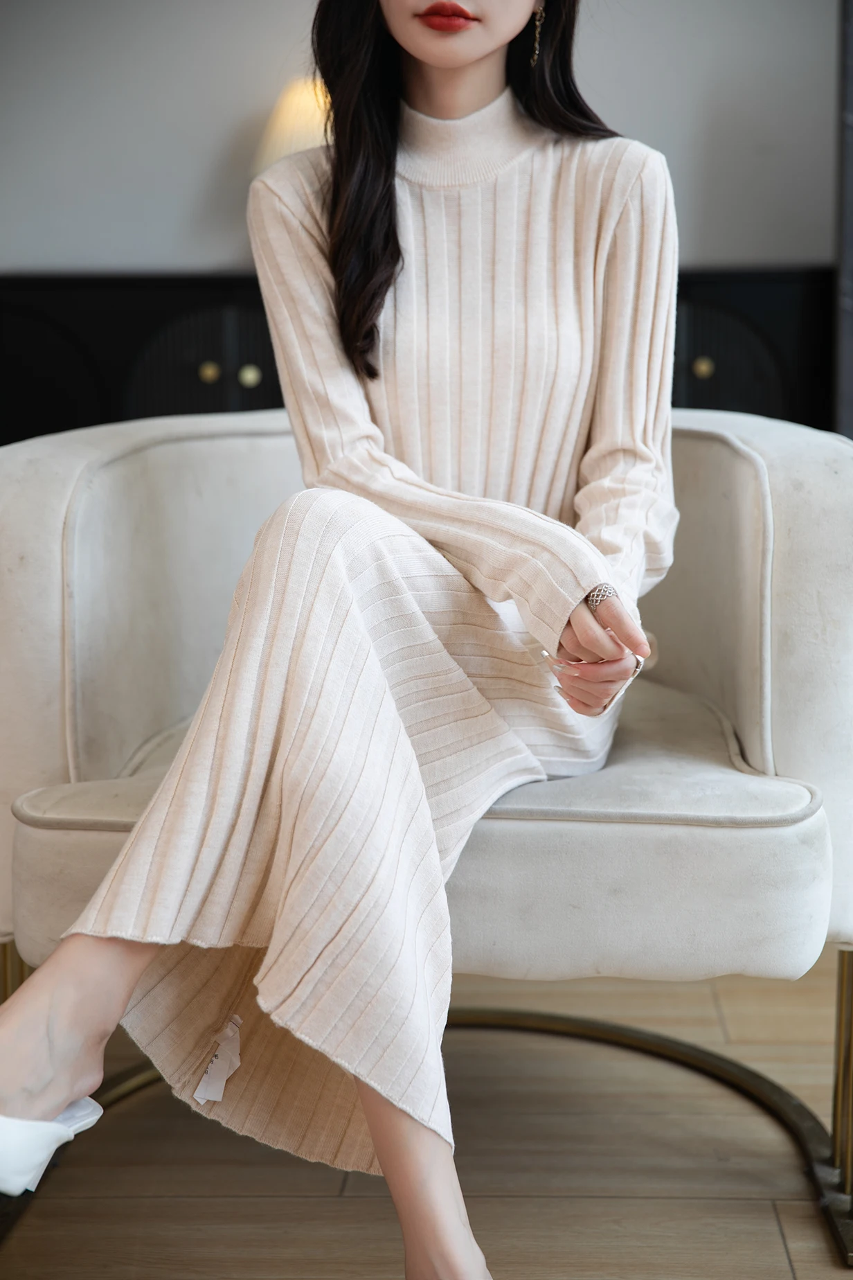 

Шикарное платье-свитер из мериносовой шерсти с воротником-стойкой в рубчик, женская одежда, модные вязаные элегантные платья, роскошные юбки с длинными рукавами