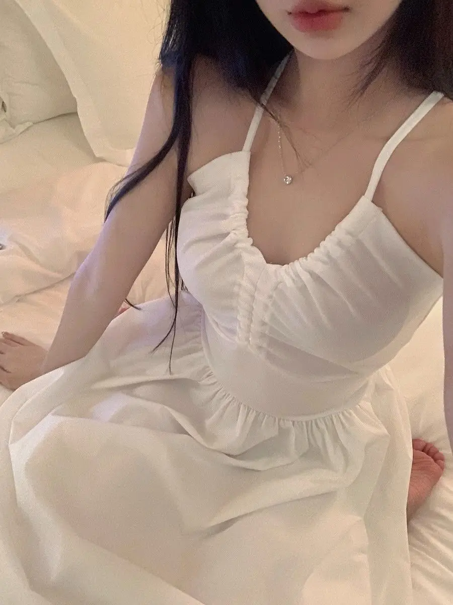 

Korejpaa Beach Dress 2025 Summer New Back Bandage Hollow Out Dresses Women Elegant Ruched Slim Waist Gentle Vestidos Femme