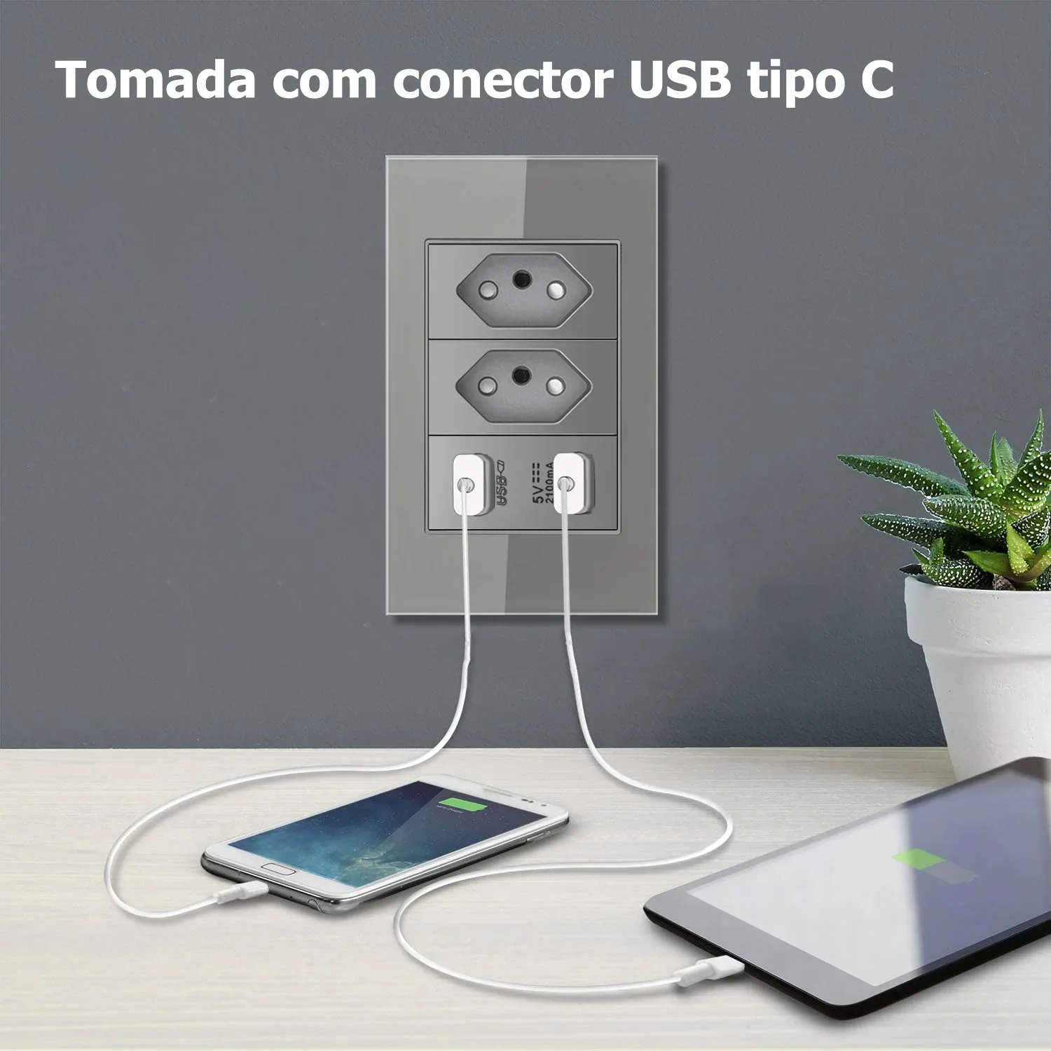 EIOMR Grey Glass Panel Brazil Standard Outlet Series, 118*75mm Wall Telephone Computer Socket Switch Combination for Office Home