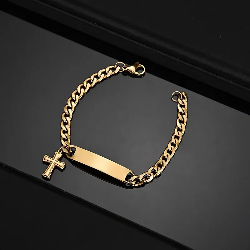 Akizoom Punk Engrave Name Bracelets Custom Bracelet Heart Cross Cuban Chain Stainless Steel for Woman Customized Jewelry Gift