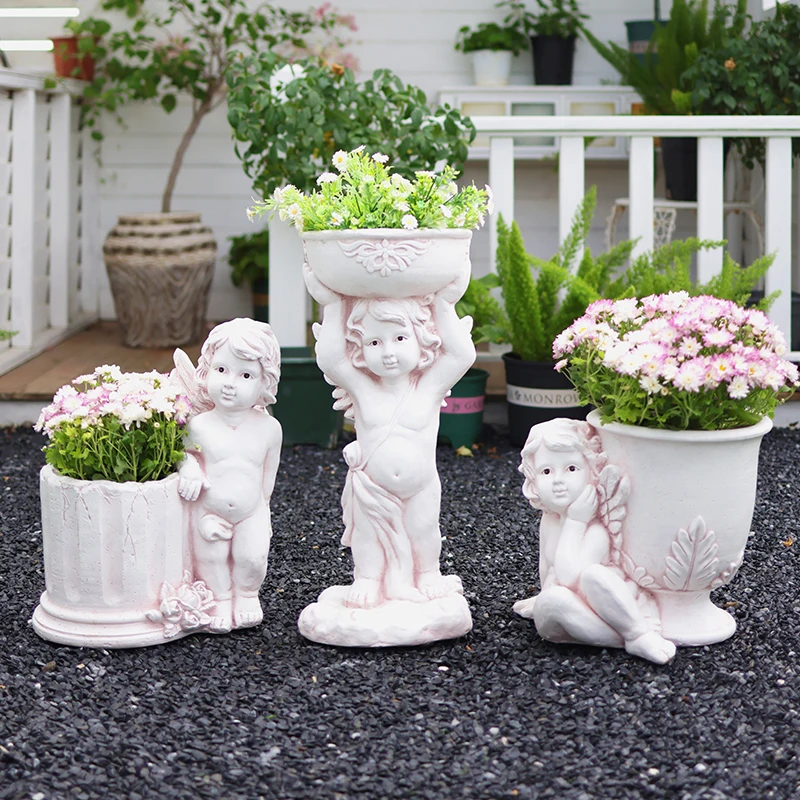 European Retro Figure Outdoor Decor Angel Sculpture Cupid Landscape Ornament Garden Statues Creative Gardening Flower Pot