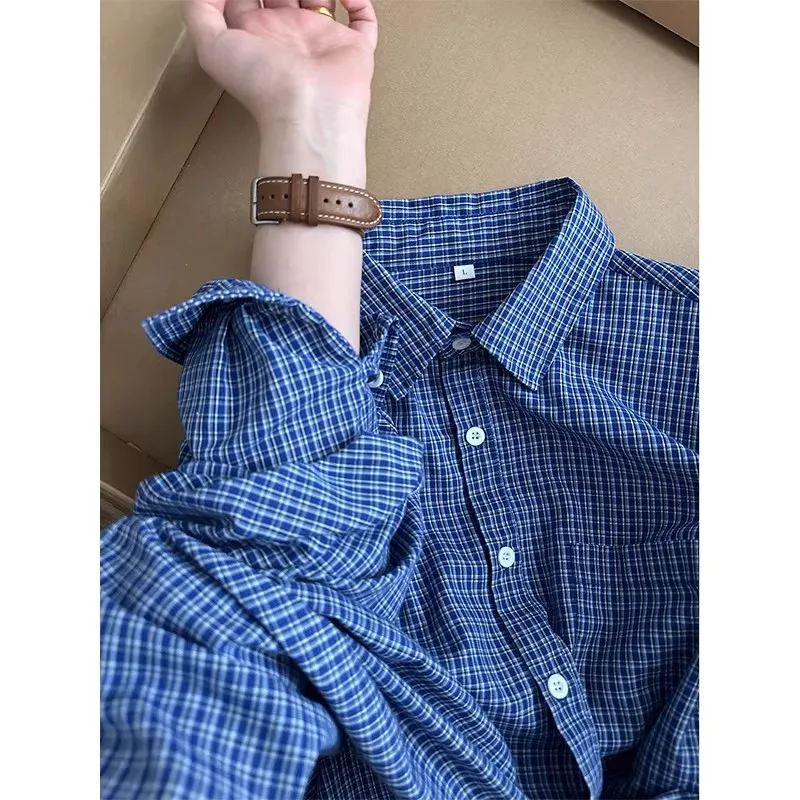 

Spring New Sle Long Sve Plaid irt Lazy Sle Blue Small Square Men's Women's Top Thin Outerwear Casual Faion Polyest...