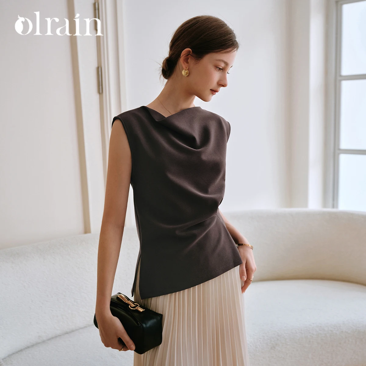 OLrain Women's Summer Knit Tank Tops Elegant Fashion Coffee Irregular Swinging Neck Sleeveless Pullover Sweater 2025 O57XX98321