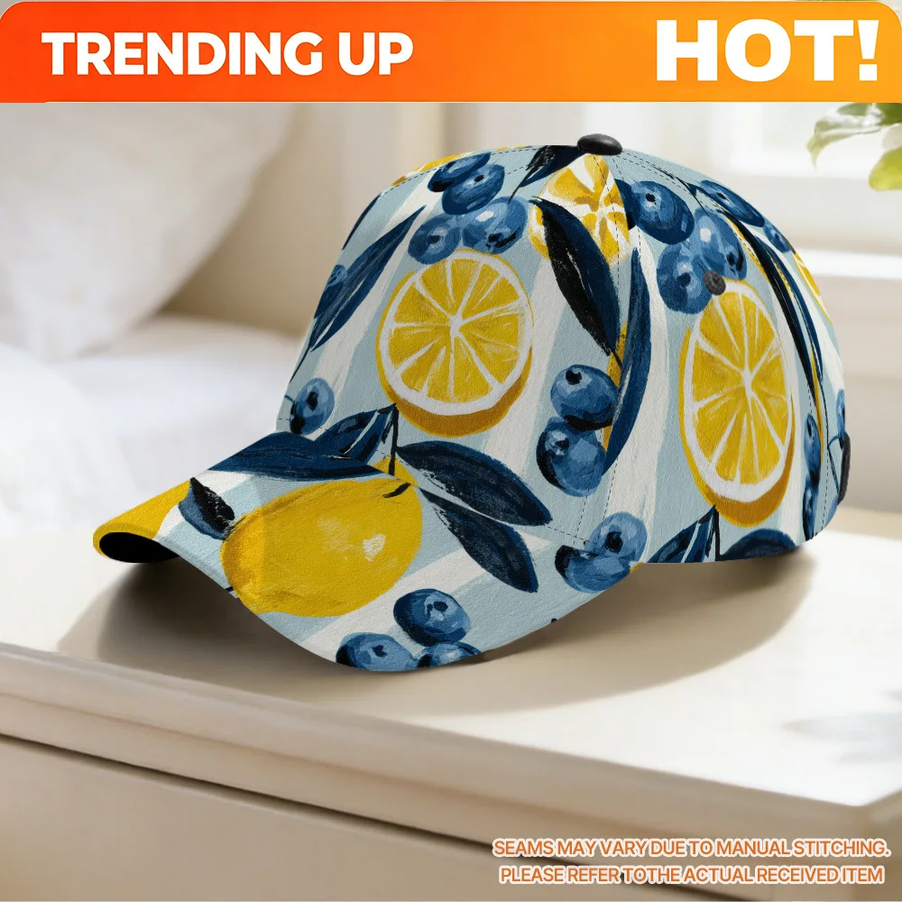 Customization 1pc 2D Flat Printing Breathable Unisex Adjustable Baseball Cap With Lemon And Blueberry Leaves Pattern, Ideal For