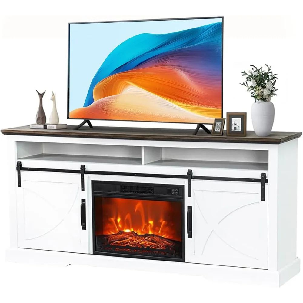 

68 inch electric fireplace TV cabinet, TV cabinet with storage space, modern rural TV cabinet with sliding rod door