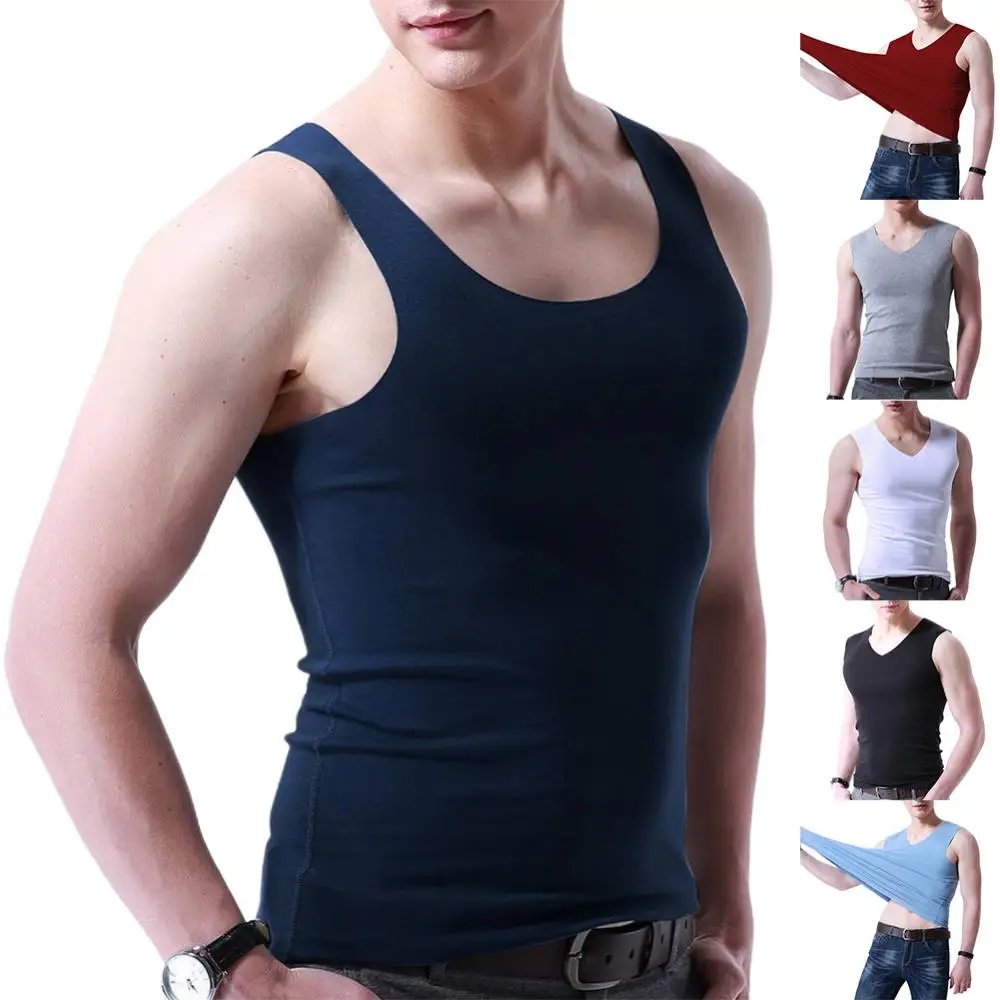 

Vest Sleeveless Men Solid Color Slim Sporty V Neck Top Plus Size Seamless Tank