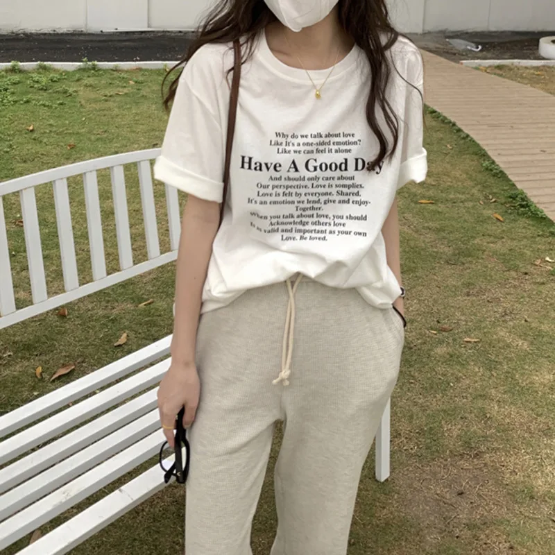 Oversize Cotton Letter-printed T-shirt Women 2023 Summer Casual Loose Short-sleeve Tees Top Round Neck Simple Streetwear Tshirt