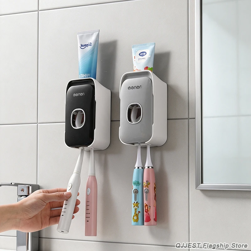 Toothpaste Dispenser Wall-Mounted Bathroom Toothpaste Squeezer Punch-Free Toothbrush Holder Rack Manual Operation