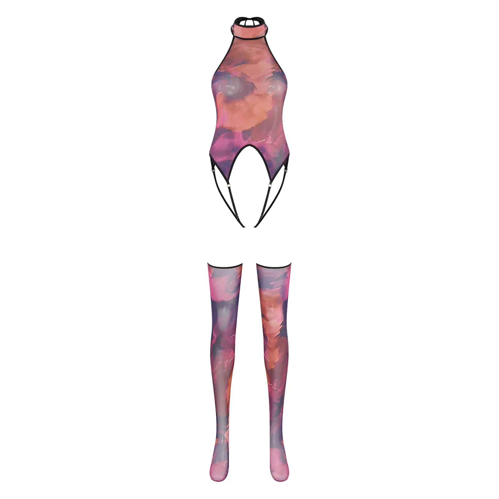 

Women Alluring Crotchless Backless Bodysuits with High Thigh Stockings Sets for Erotic Couple's Temptation Dirty Nightwear