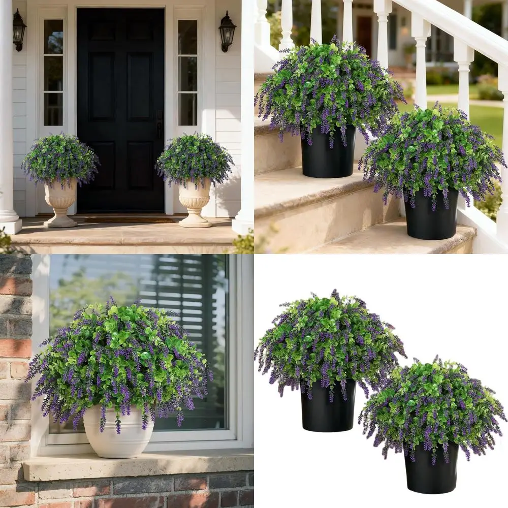 

Пара искусственных деревьев-топиарей из эвкалипта и лаванды, устойчивых к УФ-излучению, в горшках, для декора веранды или сада