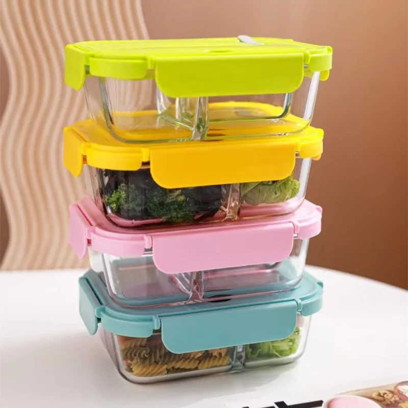 Lunchbox aus Glas, hitzebeständige Trennwand, Mikrowelle, Kühlschrank, Bento-Box, integriertes Geschirr, Küchenzubehör