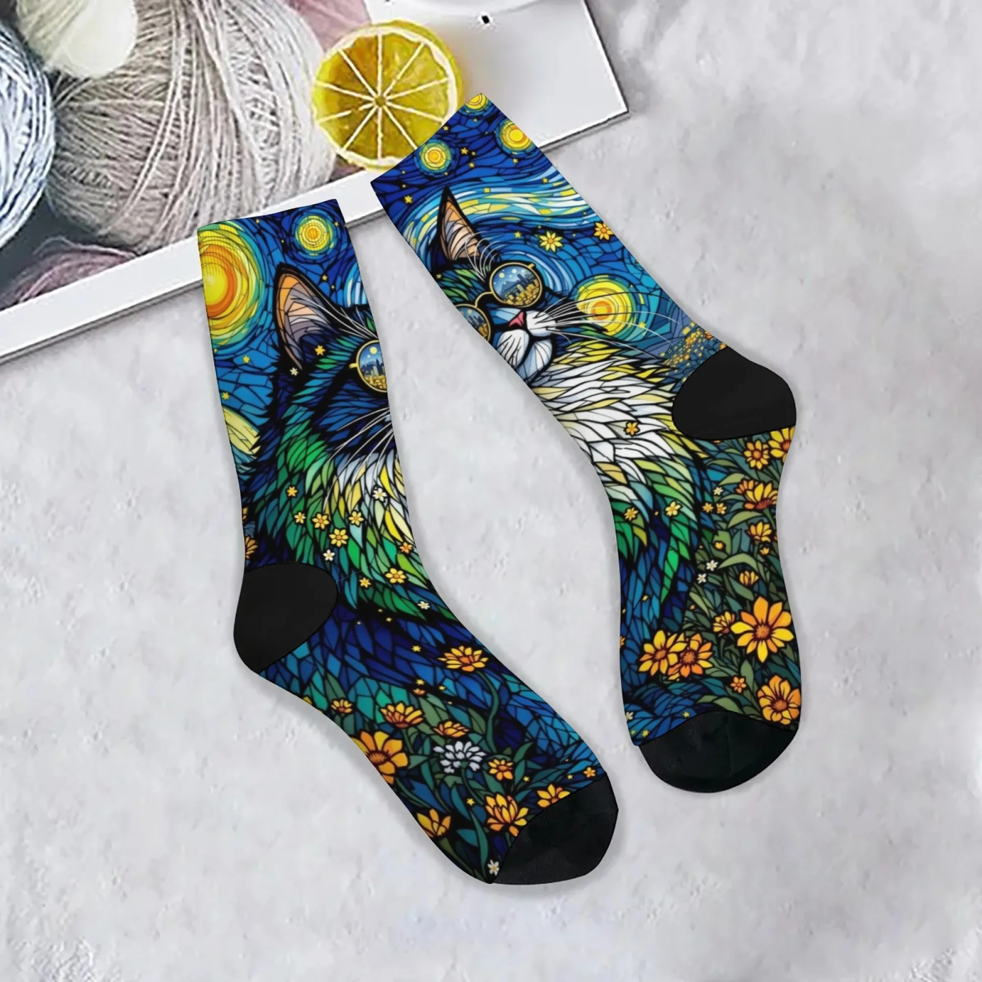 Nuit étoilée Floral chat hommes chaussettes nouveauté Van Gogh Art chaussettes Harajuku Style confortable décontracté mode drôle chaussettes unisexe cadeau