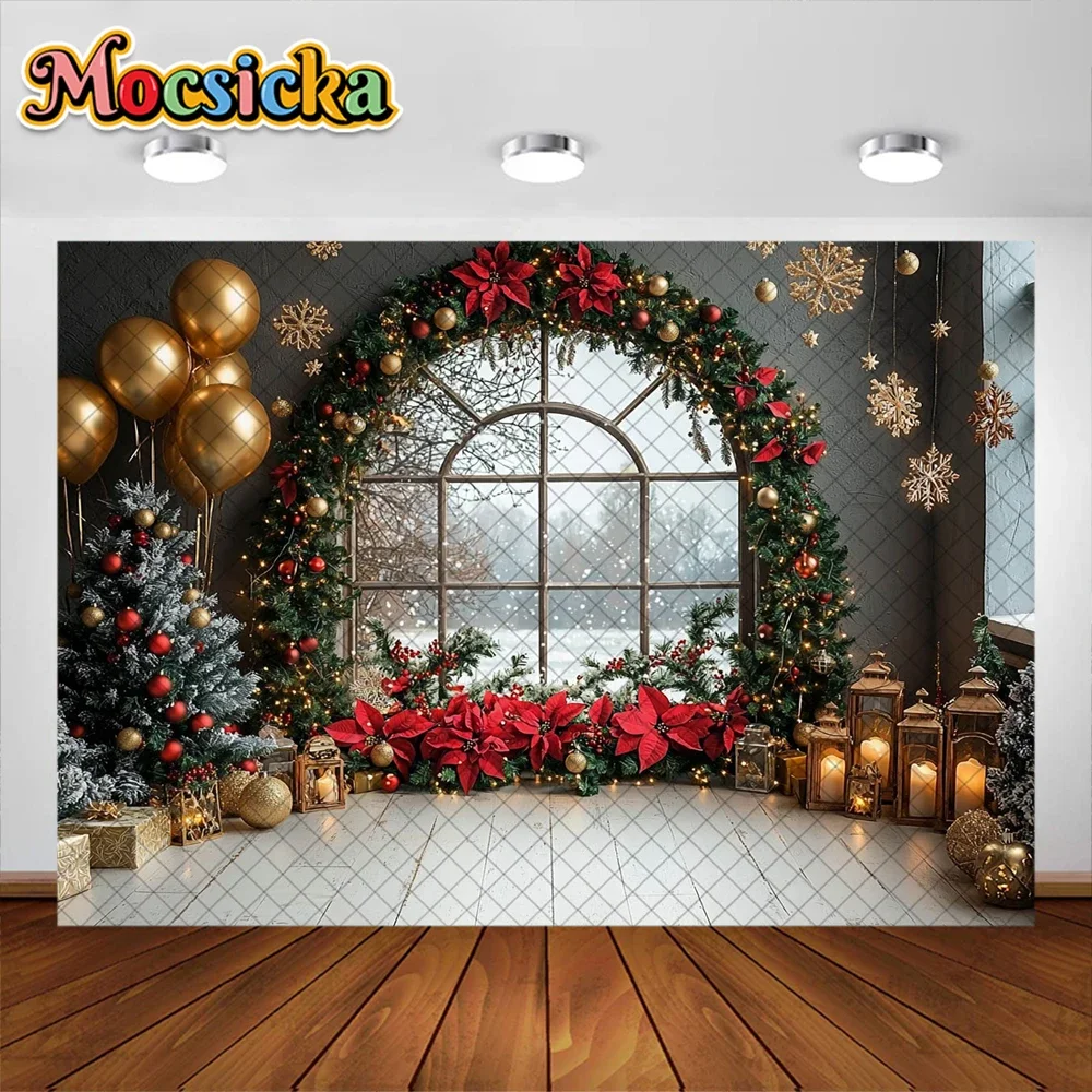 Mocsicka Photography Background Winter Christmas Wreath Window Decoration Supplies Kids Photo Portrait Backdrops Studio Props