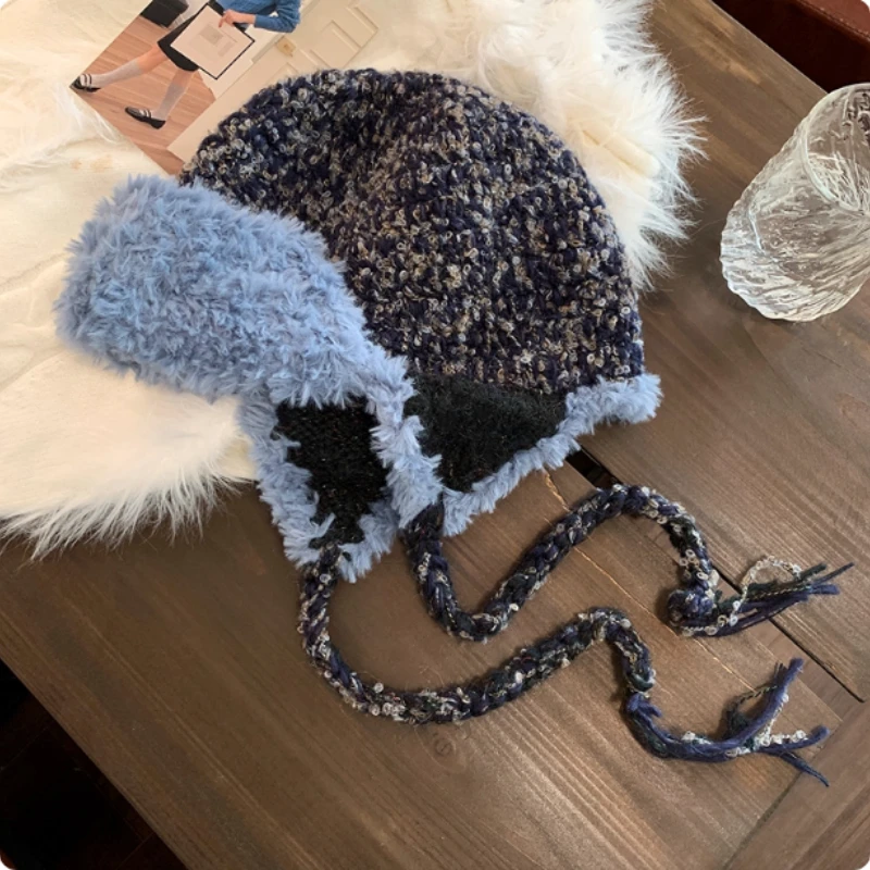 Japanese Color Mixed-color Fashion Hand-crocheted Plush Knit Hat Men and Women Winter Versatile Warm Ear Protection Bomber Hats