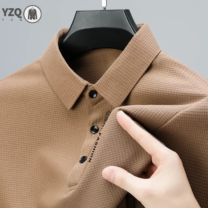 Men\'s Waffle Long Sleeved POLO Shirt with Letter Printed Lapel Casual Top