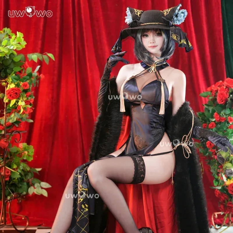 

qq28LQIN STOCK UWOWO Game Azur Lanee Cheshiree Cait Sith Crooner Gown Cosplay Costume with shawl Halloween Cos