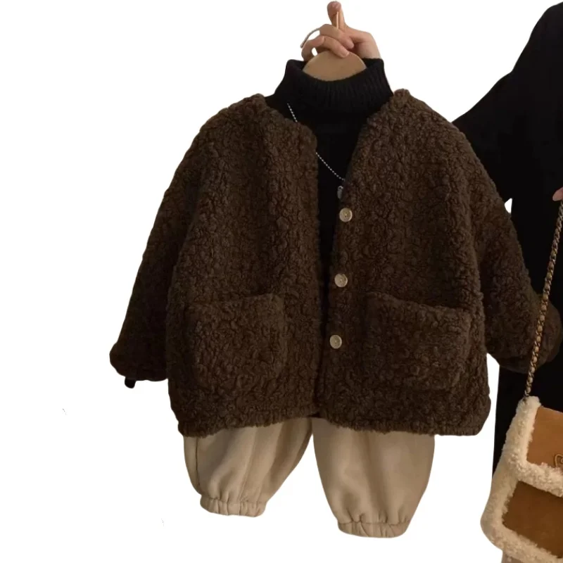 2025 한국 소년 가을 겨울 옷 소녀 벨벳 느슨한 양고기 벨벳 따뜻한 아동 자켓 코트 소녀 2-7 세