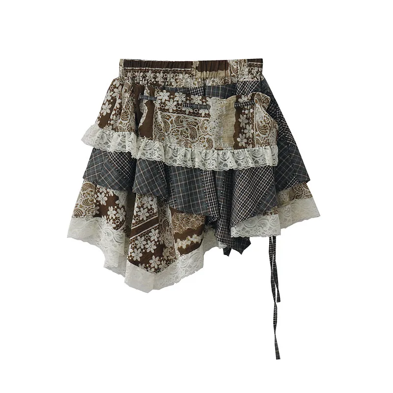 Women's Designer Forest Retro Skirt Summer 2026 New Design Irregular Plaid Patchwork Lace Trim Floral Mini Skirt