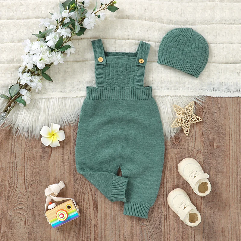 Newborn Baby Rompers Knit Infant Girl Boy Jumpsuit Outfits Sleeveless Kid Children Clothes Hat 2pcs 0-18M Overalls Fashion Solid