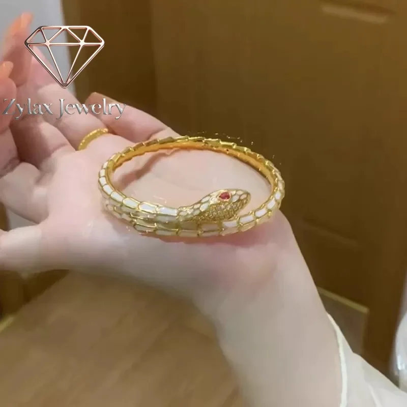 

Zylax Jewelry Luxury 24K 9999 Pure Gold real gold Women's Fashion High-end White Snake Bracelet Green Snake Bracelet