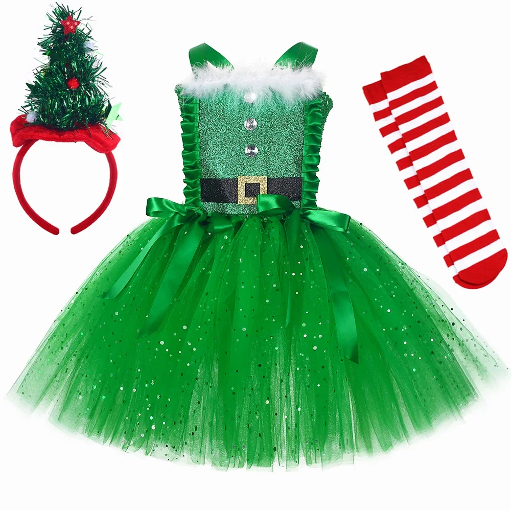 Girls Christmas Elf Tutu Dress Outfit Glitter Green Tulle Dress Elf Costume for Kids Toddler Xmas Party Holiday Dress Up Clothes