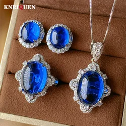 New Trend Vintage Royal Blue Sapphire Necklace Pendant Ring Earrings Wedding Party Fine Jewelry Sets for Women Gift Accessories