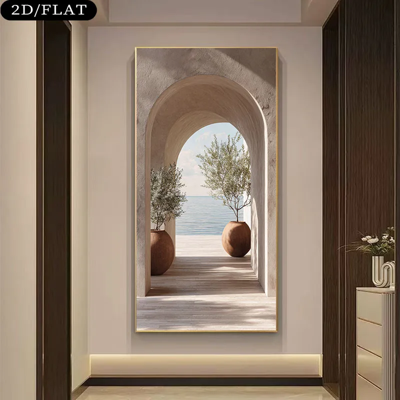 

Large Frameless Decoration Modern Canvas Art Print for Living Room, Bedroom, Office, Coastal Archway Potted Trees and Ocean View