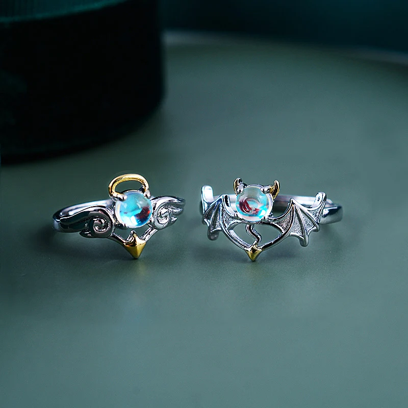 

New Elegant Angel Demon Wing Couples Rings for Women Men Charm Moonstone Silver Color Open Ring Engagement Promise Jewelry