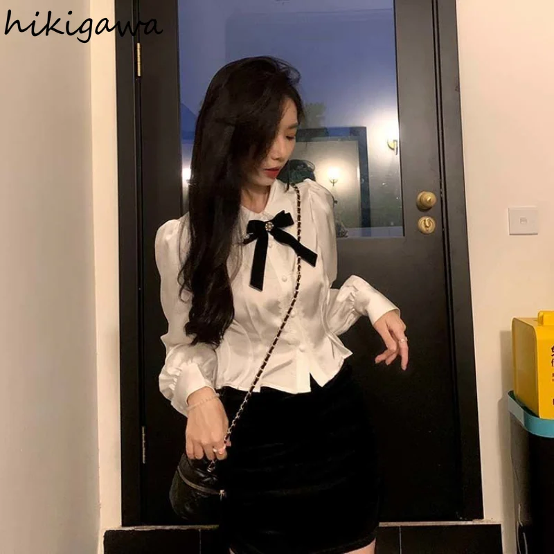 Sweet Blouse Women Peter Pan Collar Puff Sleeve Tunic Shirts 2023 Blusas Mujer De Moda Korean Fashion White Blouses Crop Tops