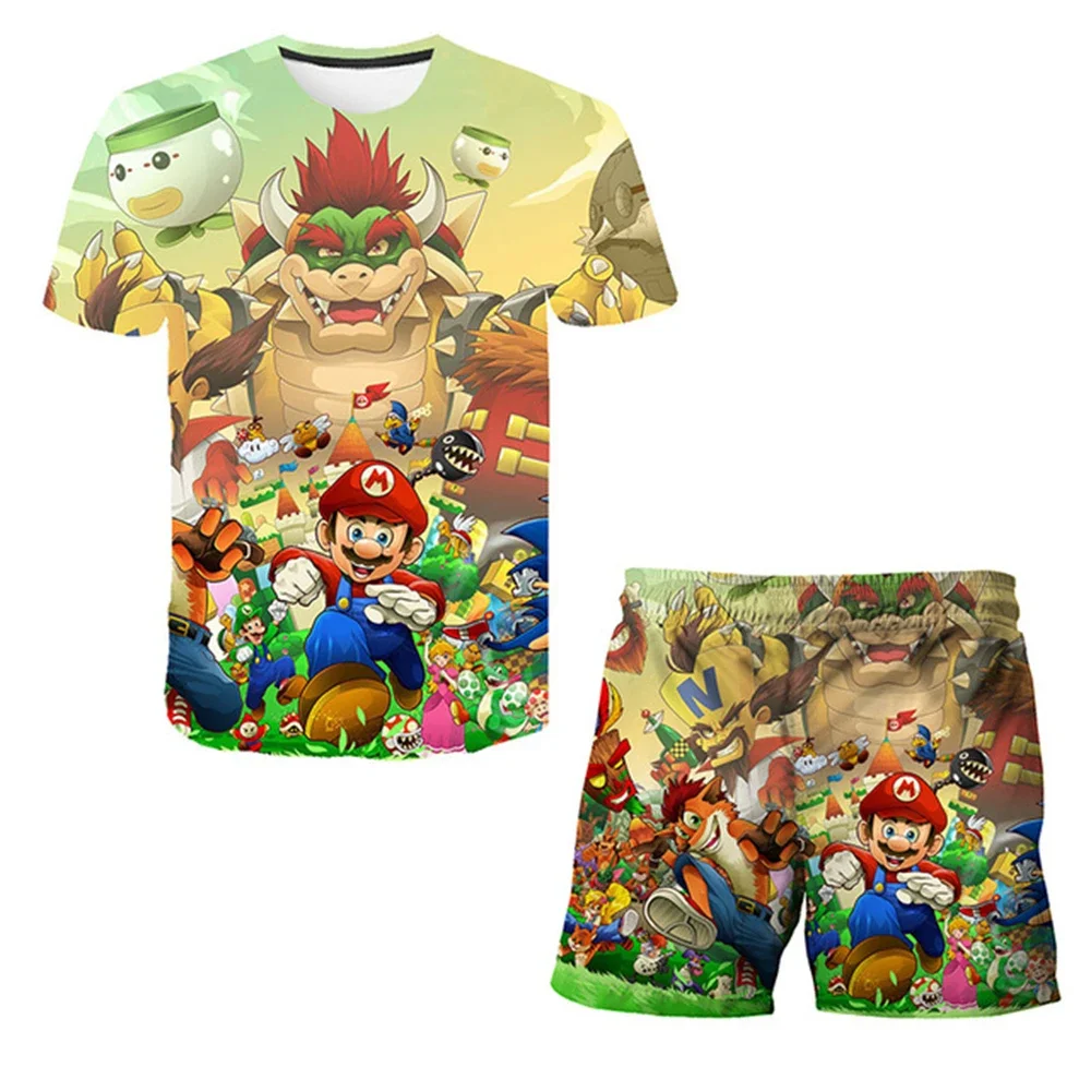 New Marios T-Shirt Sonic Boys Girls Teenager Summer Short Sleeve Tops Children Casual Mickey Mouse Tops Tee Shirt set