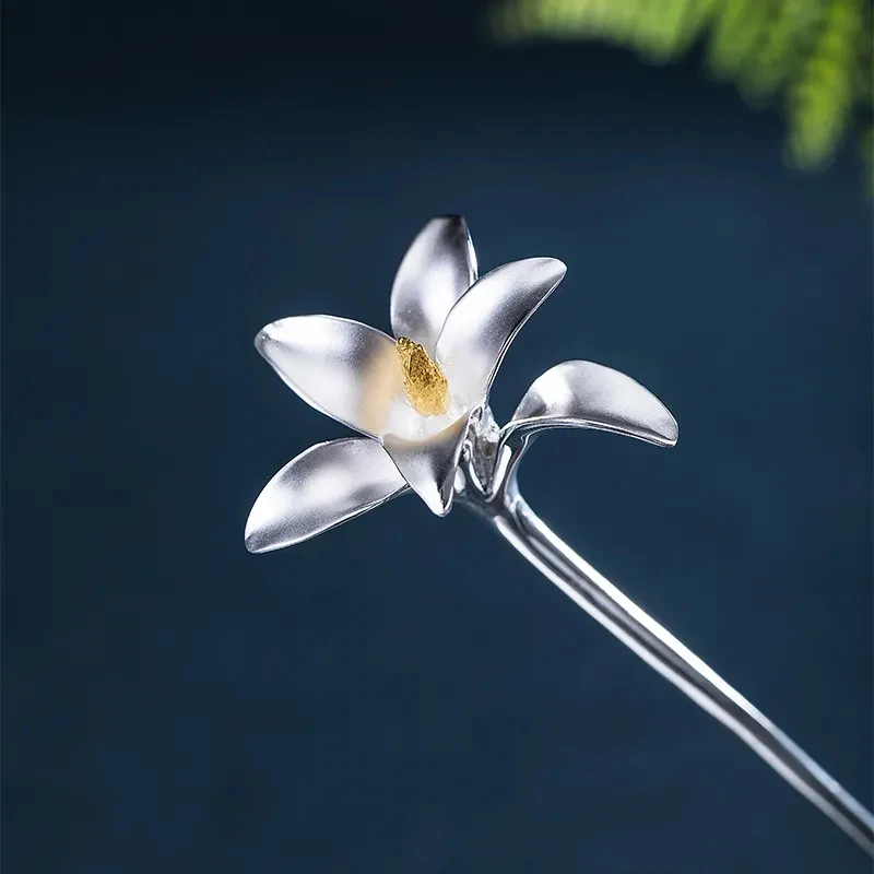 

Three-dimensional Design Silver Inlaid Magnolia Flower Hairpin Luxury Charm Exquisite Ladies Jewelry Hanfu Accessories