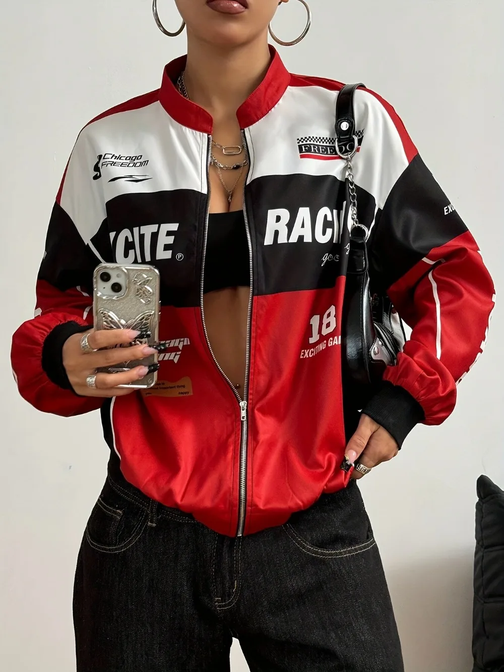 Frühling/Herbst College-Jacke Oberteile Damen Langarm Racing Bomber Letterman Jacken Farbblock Y2k Oberbekleidung Vintage Streetwear – Detail 2