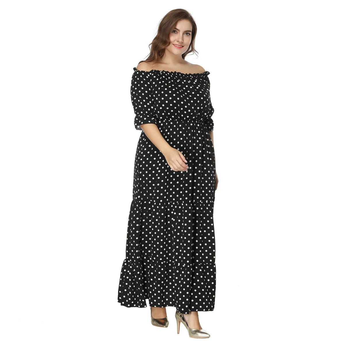 Plus Size New Arrival z krótkim rękawem nadruk w kropki swobodne sukienki letnie dla dużych kobiet