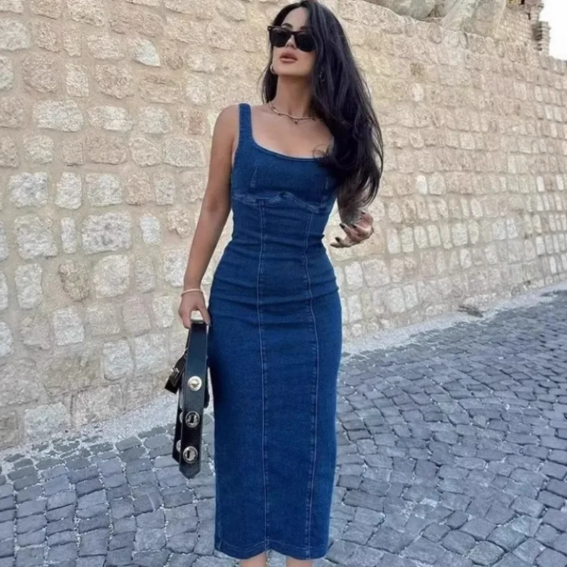 Vintage-Korsett-Denim-Kleid für Damen, elegantes Sommer-Promi-Kleid, ärmellos, rückenfrei, Seitenschlitz, schlank, figurbetont, lange Jean-Kleider
