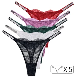 5Pcs Lace Sexy Girls Women Panties Seamless Underwear Rhinestone G String Letter Transparent Thong Female Low Rise Ladies Briefs