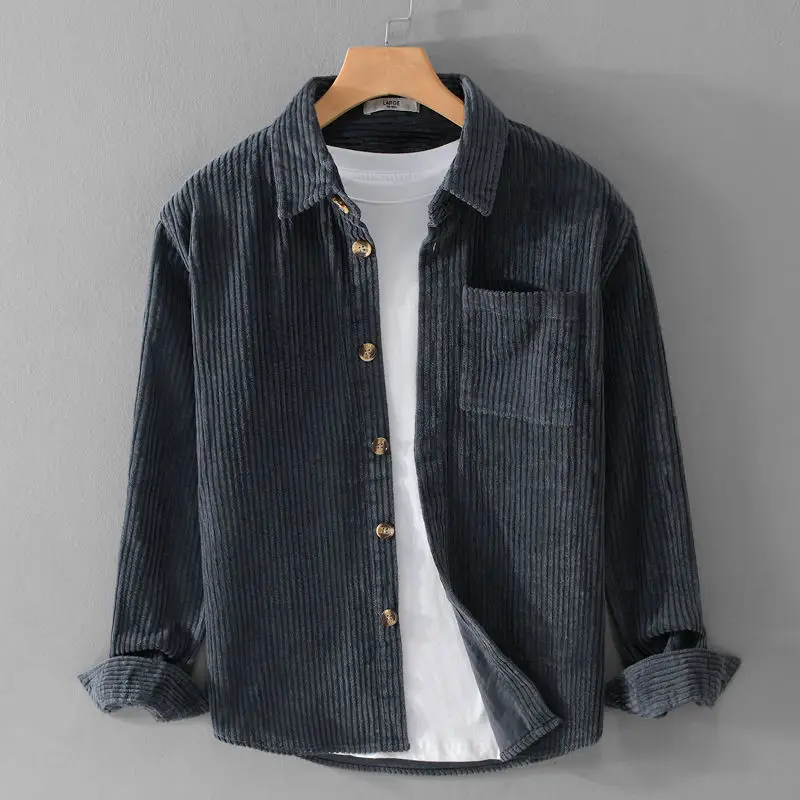 Corduroy long-sleeved shirt men's spring and Japanese simple casual solid color thick cardigan jacket retro trendy topYY35