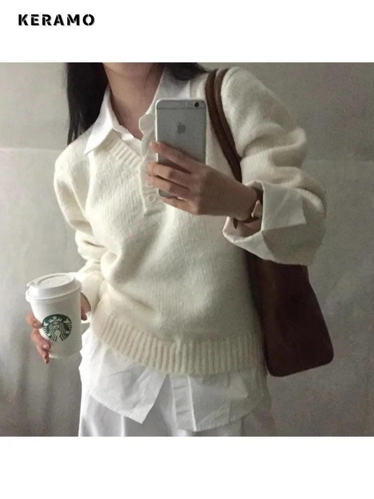 2025 Winter Korean Fashion Knit Long Sleeve Pullovers Women Casual Fake Two Piece Jumpers Y2K Patchwork Turn Down Collar Sweater