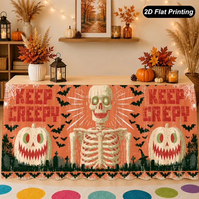 One autumn tablecloth featuring a terrifying skull and bone design, perfect for the home.