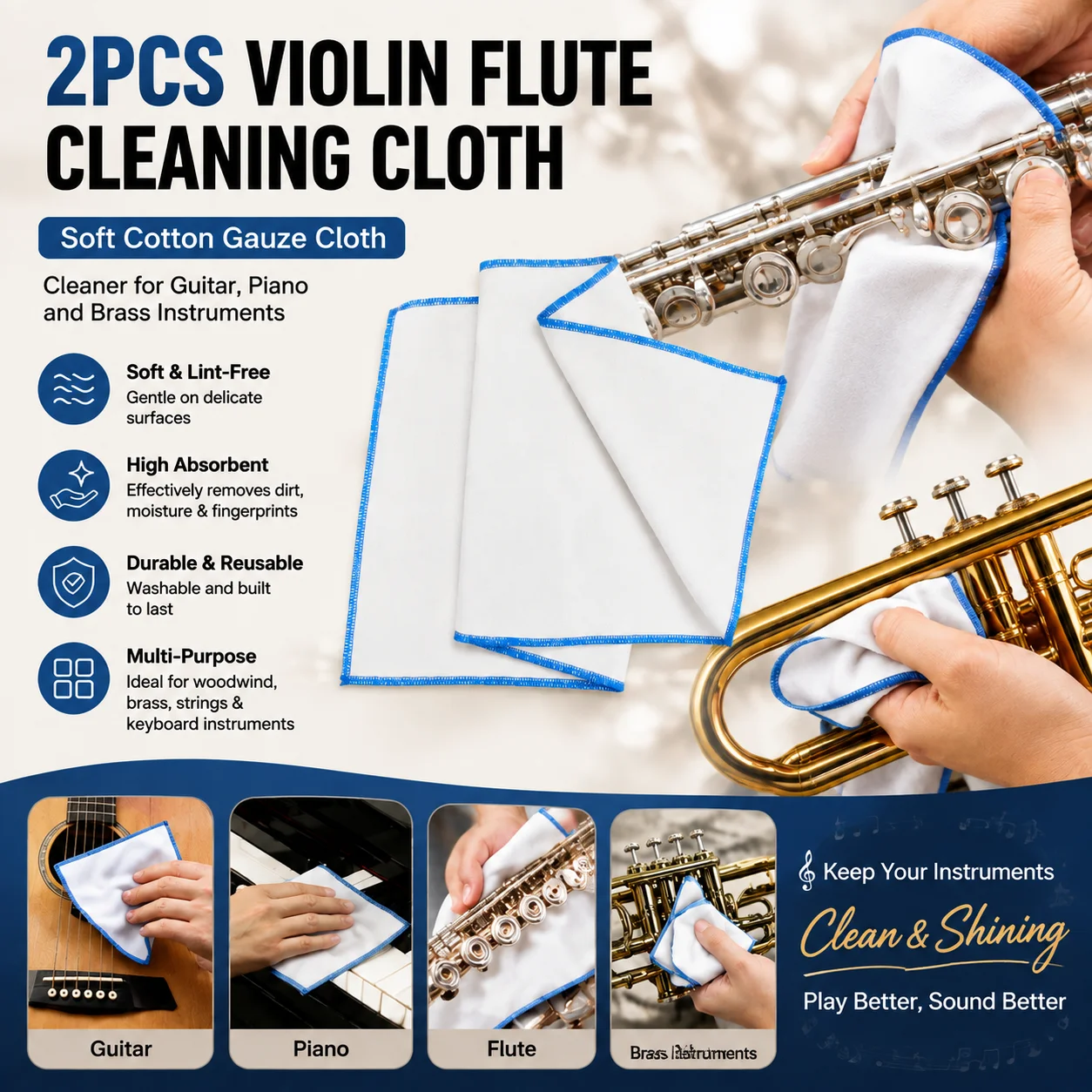 2pcs Flute Cleaning Cloth Violin Cleaning Cloth for Guitar Piano Brass Instruments Soft Cotton Gauze Cleaning Cloth for Woodwind