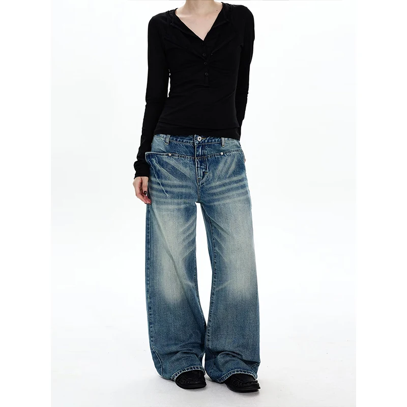 Women's Blue Y2k Wash Jeans Harajuku Vintage Baggy Boyfriend Denim Trousers Japanese 2000s Style Oversize Jeans Pants