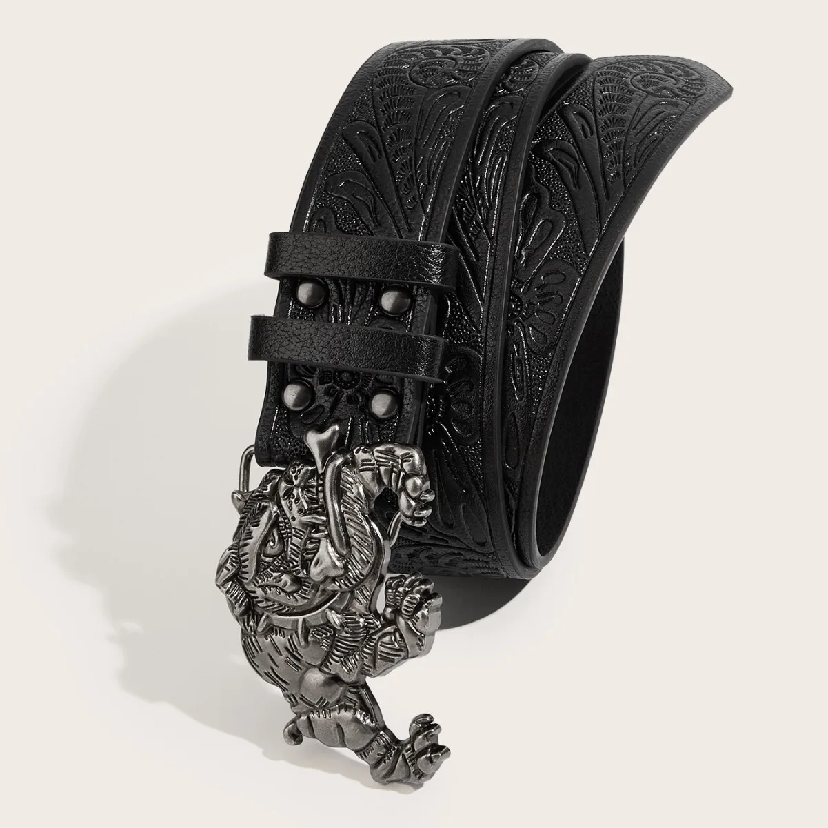 Unisex Punk Retro Western Floral Embossed Waist Belt Vintage Animal Metal Buckle PU Strap Y2K Streetwear Denim Decor Accessory