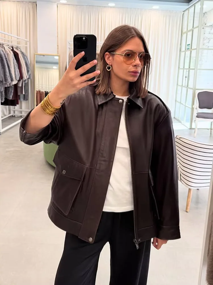 

Vintage Faux Leather Jacket Women Fashion Solid Lapel Zipper Long Sleeve Pockets Casual Coat 2025 New Lady Loose Outwears