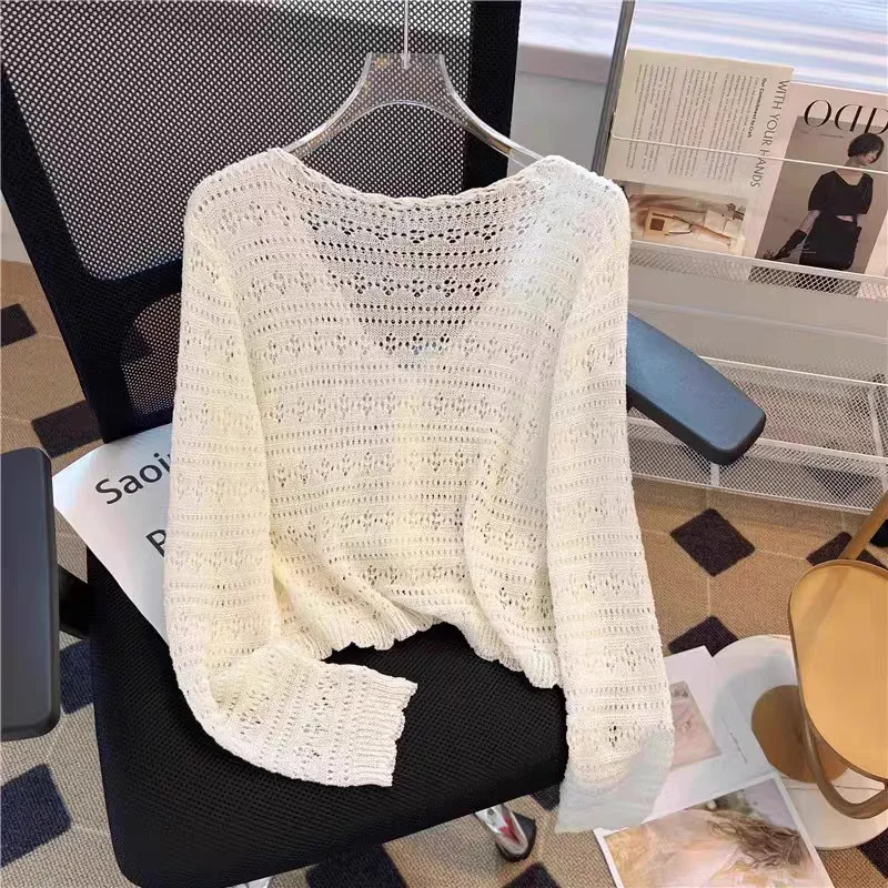 

2025 Women's Trendy Spring/Summer New Thin Ice Silk Knitted Cardigan French Hollow Long Sleeve Sunscreen External Cover Shirt